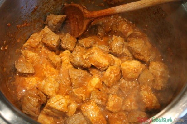 Brown goulash meat on each side