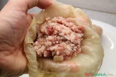 Place the meat filling in the middle of the cabbage leave