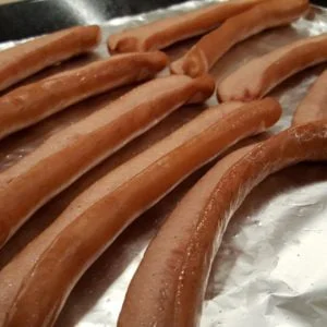 Baked hot dogs closeup