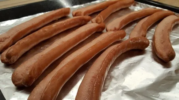 Baked hot dogs closeup