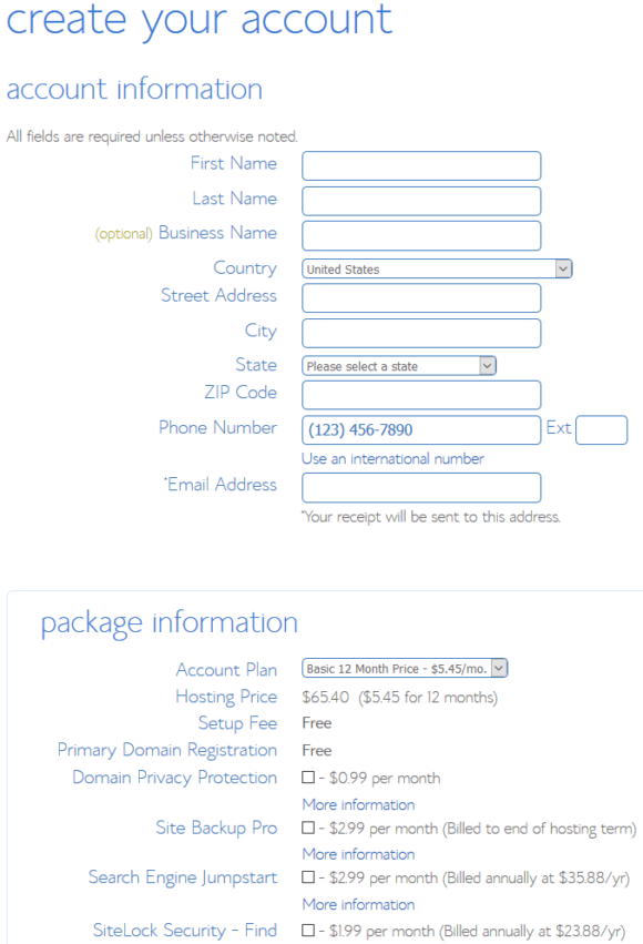 Bluehost Set Up Account